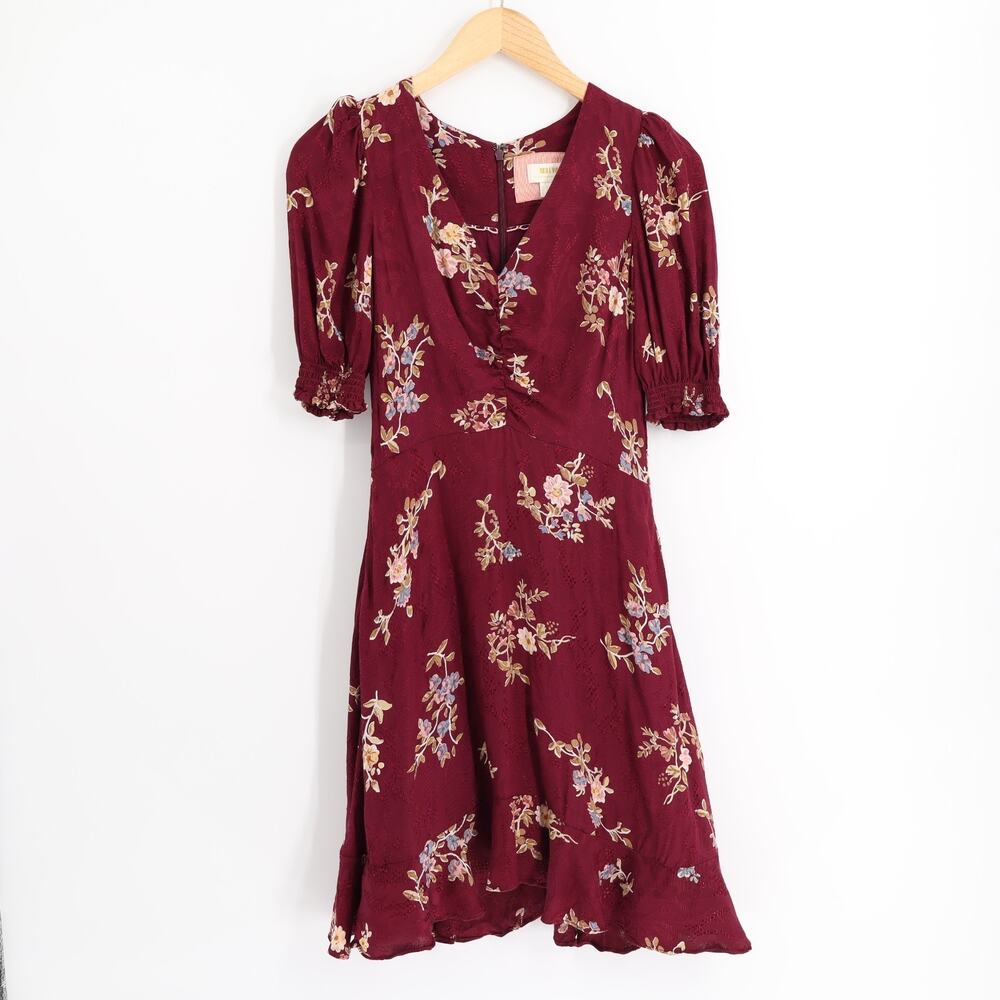 Anthropologie Maeve Sz 2 Burgundy Floral Jacquard Ruffle Hem Mini Dress Fall